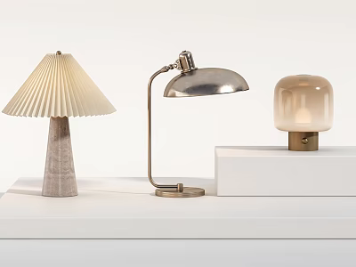 Elegant Table Lamps On White Display Stand With Pleated Shade Adjustable Arm And Frosted Glass 3d model