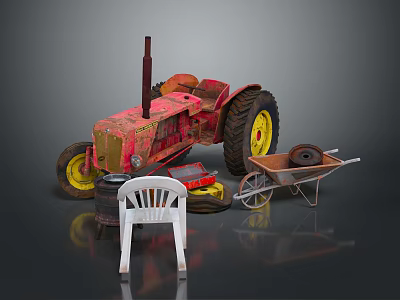 Vintage Red Functional Tractor With Wheelbarrow White Plastic Chair Oil Barrel And Red Toolbox 3d model