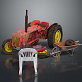 Vintage Red Functional Tractor With Wheelbarrow White Plastic Chair Oil Barrel And Red Toolbox