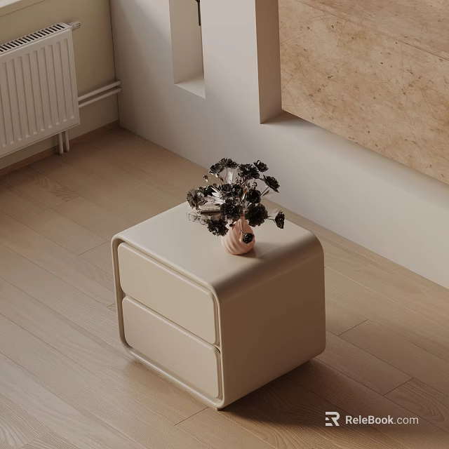 Beige Side Table with Two Drawers and Dark Flower Vase on Wooden Floor 3d model 