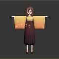 Woman 3D Model with Red Hair Yellow Star Sleeves Dark Purple Kimono and Red Shoes