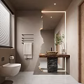 Natural Style Bathroom Interior With Backlit Mirror Stone Vanity Towel Rack And Window Blinds