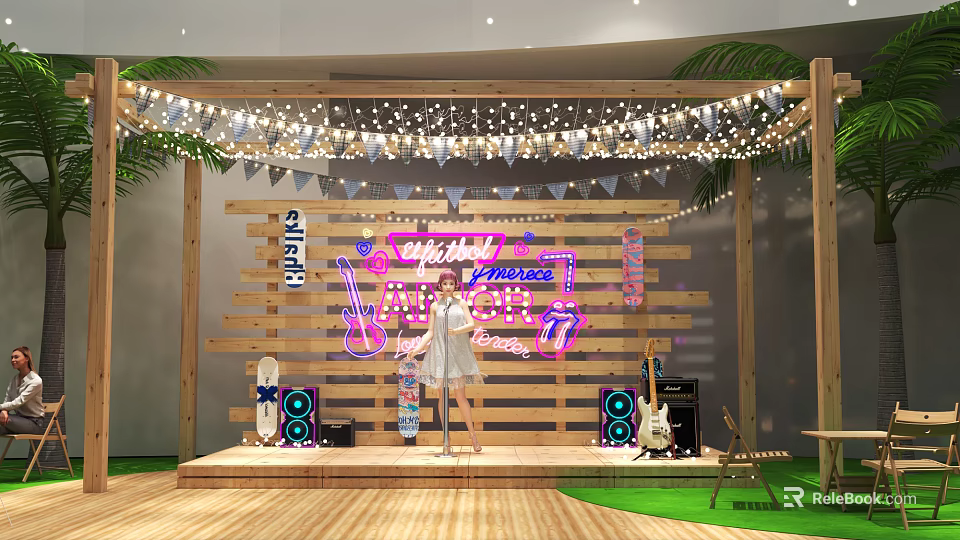 Female Singer Performing On Stage With Wooden Backdrop Neon Sign Guitar Speakers And String Lights 3d model 