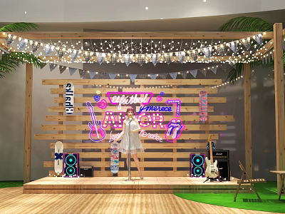 Female Singer Performing On Stage With Wooden Backdrop Neon Sign Guitar Speakers And String Lights 3d model
