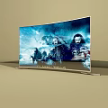 Curved TV Displaying Flash Titans Characters With Scenic Blue Backdrop 3d model