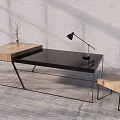Modern Desk With Wooden Top Black Tabletop Metal Legs Table Lamp And Decorative Branch