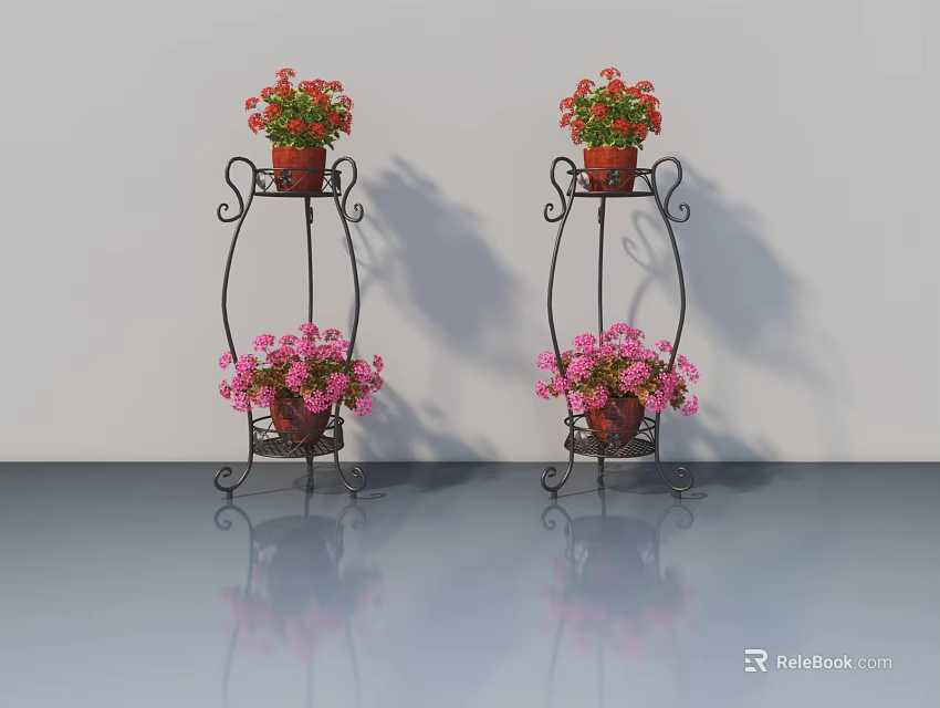 Elegant Hinged Door With Black Iron Plant Stands Red Pink Flowers Smooth Floor Reflections 3d model 