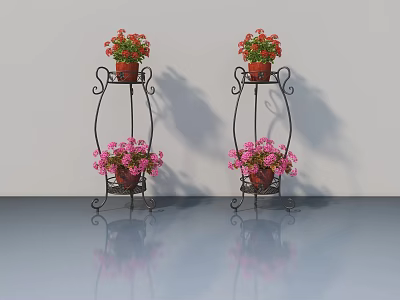 Elegant Hinged Door With Black Iron Plant Stands Red Pink Flowers Smooth Floor Reflections 3d model