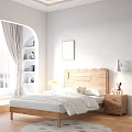 Wooden Kids Bed with Scalloped Headboard White Bedding Nightstand Table Lamp Teddy Bear and Bookshelf
