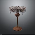 Red Marble Round Table Furniture With Tall Pedestal Base And White Lace Fringed Tablecloth