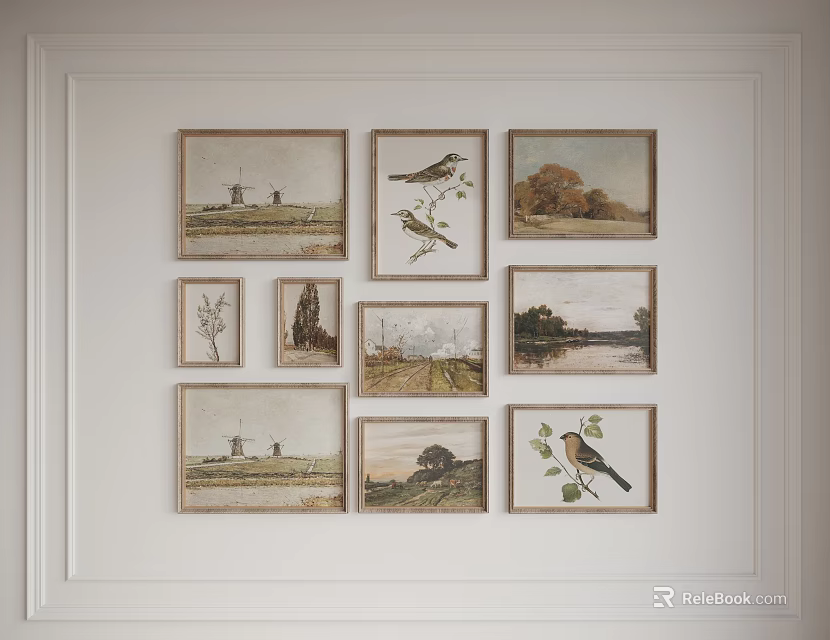 Vintage Rustic Framed Wall Art With Windmill Bird Tree Landscape Gallery Arrangement 3d model 