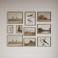 Vintage Rustic Framed Wall Art With Windmill Bird Tree Landscape Gallery Arrangement