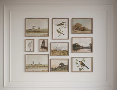 Vintage Rustic Framed Wall Art With Windmill Bird Tree Landscape Gallery Arrangement 3d model
