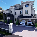 Modern Two Story Detached Villa With Garage Parked Cars And Green Plants