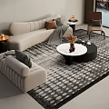 Beige Sofa With Multiple Cushions And Round Coffee Table Set On Black White Patterned Rug 3d model