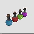 Four Glass Bottles With Wooden Corks Containing Blue Red Green Purple Colored Liquids