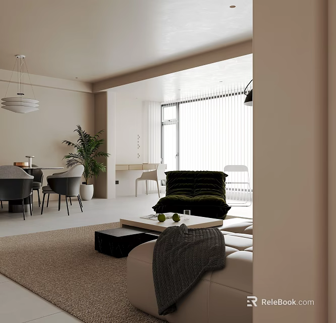 Minimalist Warm Beige Open Living And Dining Room Interior With Cozy Furniture And Natural Light 3d model 