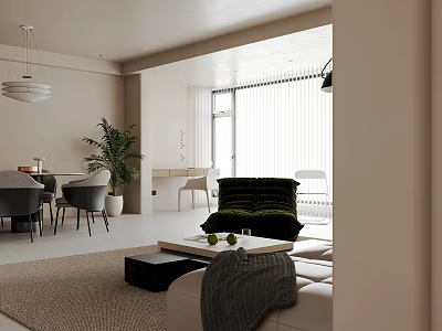 Minimalist Warm Beige Open Living And Dining Room Interior With Cozy Furniture And Natural Light 3d model