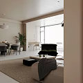 Minimalist Warm Beige Open Living And Dining Room Interior With Cozy Furniture And Natural Light