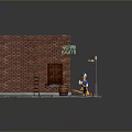 Scene Components of Red Brick Bar Building With Wooden Door Green Sign Barrel Street Lamp