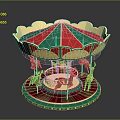 Children Enjoying Fun Carousel Ride With Red Green Canopy And Golden Decorations