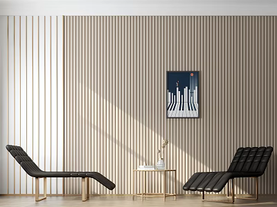 Black Lounge Chairs In Modern Interior With Gold Legs Wooden Striped Wall And Side Table 3d model