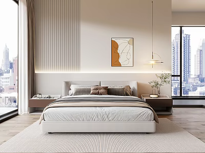 Double Bed In Modern Bedroom With Light Bedding Abstract Wall Art And City View 3d model