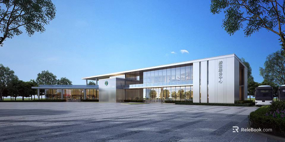 Modern Tourist Center With Large Glass Windows Spacious Square Surrounding Trees And Clear Blue Sky 3d model 
