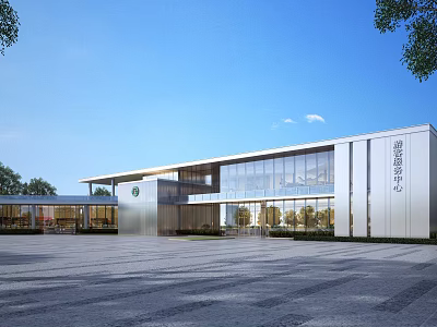Modern Tourist Center With Large Glass Windows Spacious Square Surrounding Trees And Clear Blue Sky 3d model
