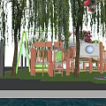 Park Landscape Featuring Lush Trees Curved Walkways Circular Plaza Red Structure And Playground Equipment