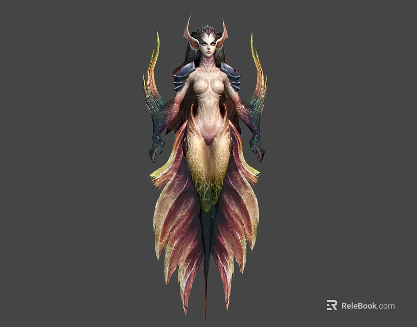 Mythical Female Character With Horns Wings And Colorful Feathered Lower Body In Fantasy Design 3d model 