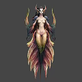 Mythical Female Character With Horns Wings And Colorful Feathered Lower Body In Fantasy Design