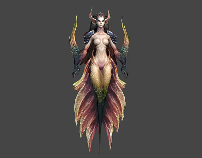 Mythical Female Character With Horns Wings And Colorful Feathered Lower Body In Fantasy Design 3d model