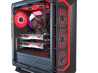 Sleek Modern Gaming PC Case With Red LED Fans And Transparent Side Panel 3d model