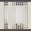 Modern Interior Room Divider With Geometric Grid And Circular Cutouts For Home Living Space