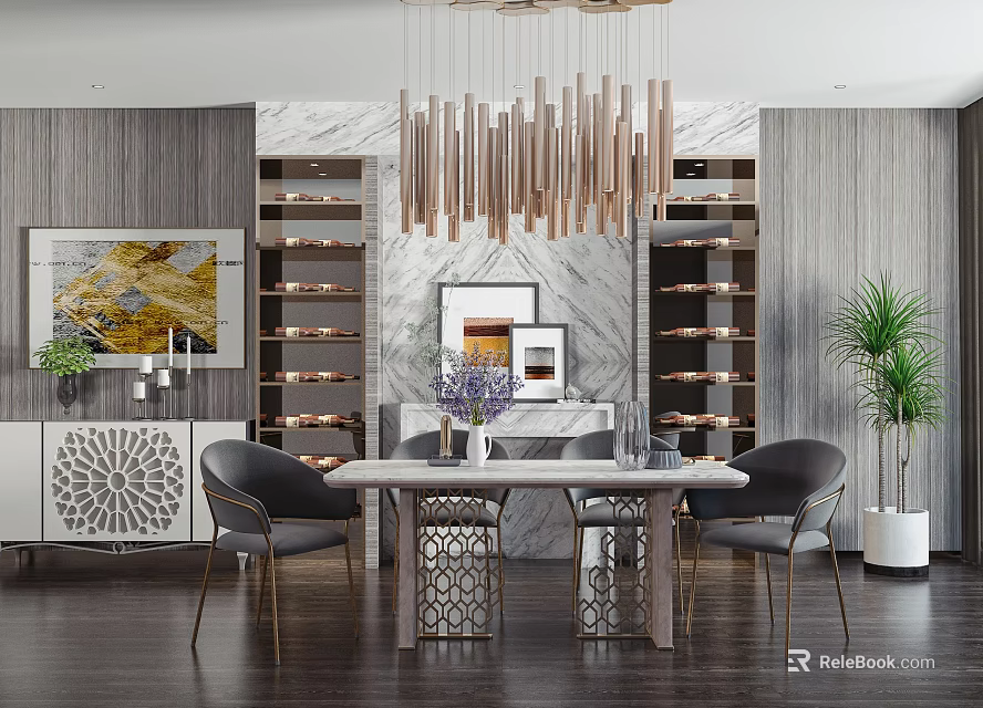 Modern Restaurant Interior With Elegant Dining Table Chairs Wooden Chandelier Wine Racks And Decorative Artwork 3d model 