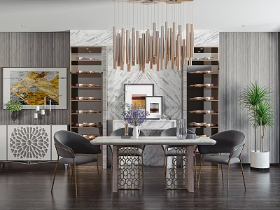 Modern Restaurant Interior With Elegant Dining Table Chairs Wooden Chandelier Wine Racks And Decorative Artwork 3d model