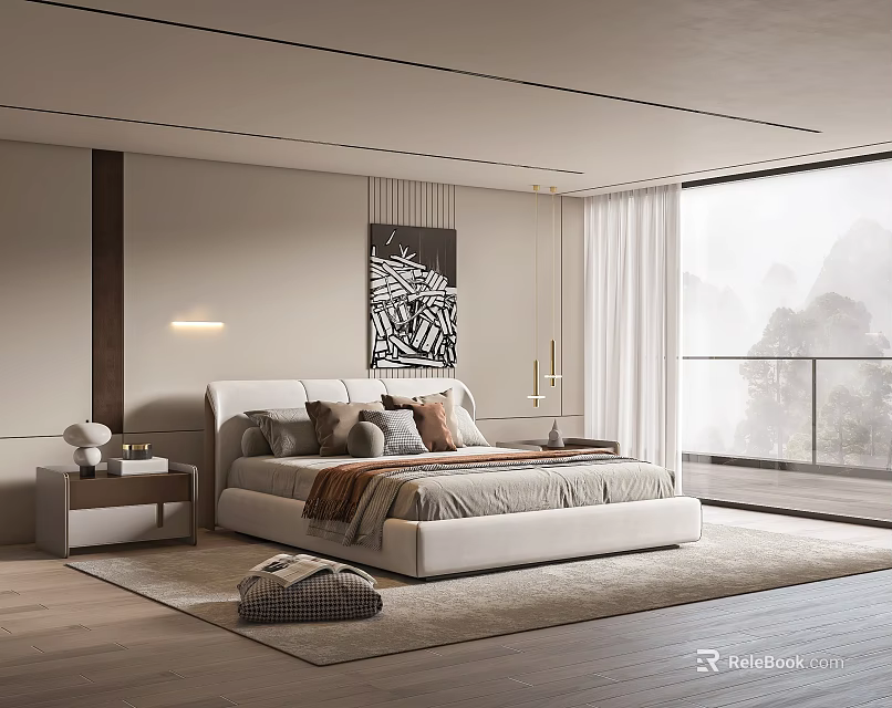 Modern Bedroom Interior With White Bed Decorative Painting Nightstand Floor-to-Ceiling Window And Rug 3d model 