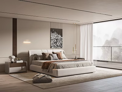 Modern Bedroom Interior With White Bed Decorative Painting Nightstand Floor-to-Ceiling Window And Rug 3d model