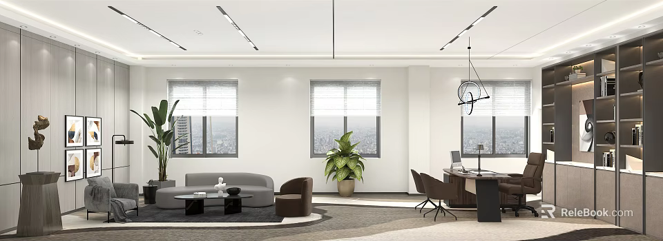 Modern Office Interior Design With Sofa Chair Plant And Windows 3d model