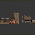 Rustic Household Items Set Including Wooden Barrels Clay Pots Wooden Crates Ladder And Wheelbarrow