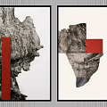 Two Piece Textured Wall Art With Gray Tones Red Geometric Elements And Black Frames 3d model