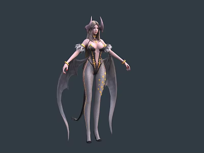 Fantasy Female Character With Demon Horns Bat Wings And Tail 3d model