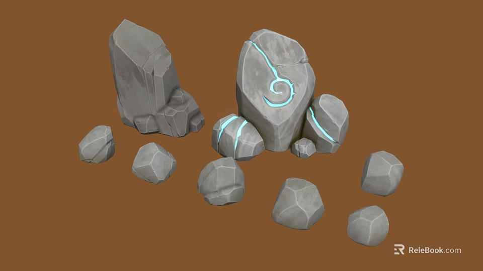 Various Gray Decorative Stones with Different Shapes and Blue Glowing Patterns on Large Stone 3d model 