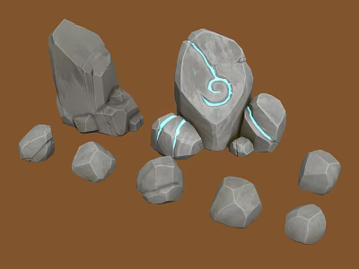 Various Gray Decorative Stones with Different Shapes and Blue Glowing Patterns on Large Stone 3d model