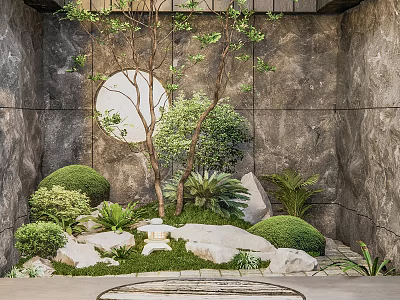 Garden Ornament Design With Stones Green Plants Round Decoration And Mossy Ground 3d model