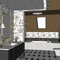Stylish Bathroom Interior With Gold Framed Mirror Tropical Wallpaper Black Vanity And Hexagon Floor Tiles