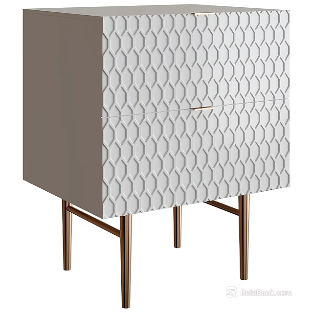 White Textured Cabinet With Geometric Pattern Gold Handle And Metal Legs 3d model 