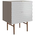 White Textured Cabinet With Geometric Pattern Gold Handle And Metal Legs