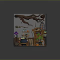 Wizard And Pet Bird In Magical Workshop With Cauldron Bookshelf Ladder And Plants